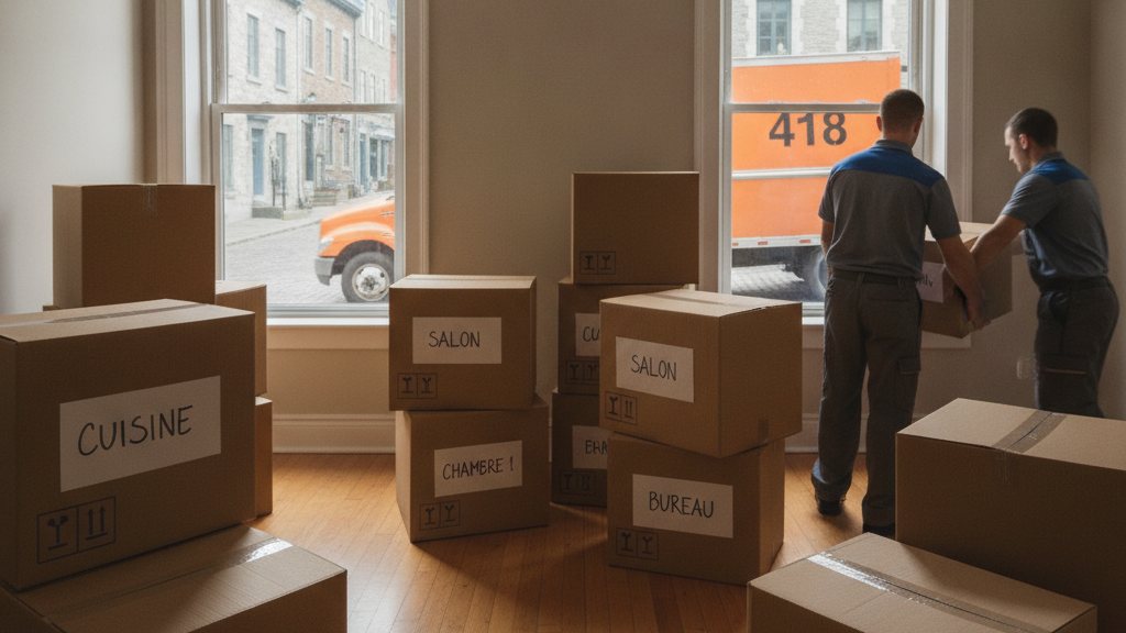Boîtes de déménagement empilées et étiquetées dans un appartement de Québec