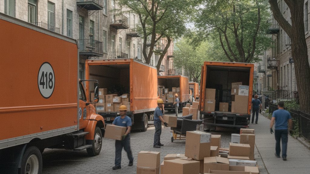Rue résidentielle de Québec un 1er juillet avec plusieurs camions de déménagement