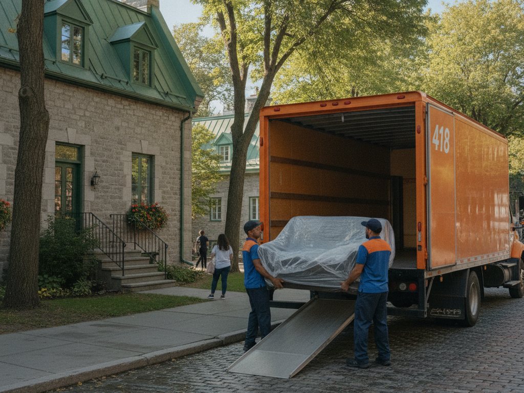 Équipe de déménageurs de Déménagement 418 chargeant un camion à Québec